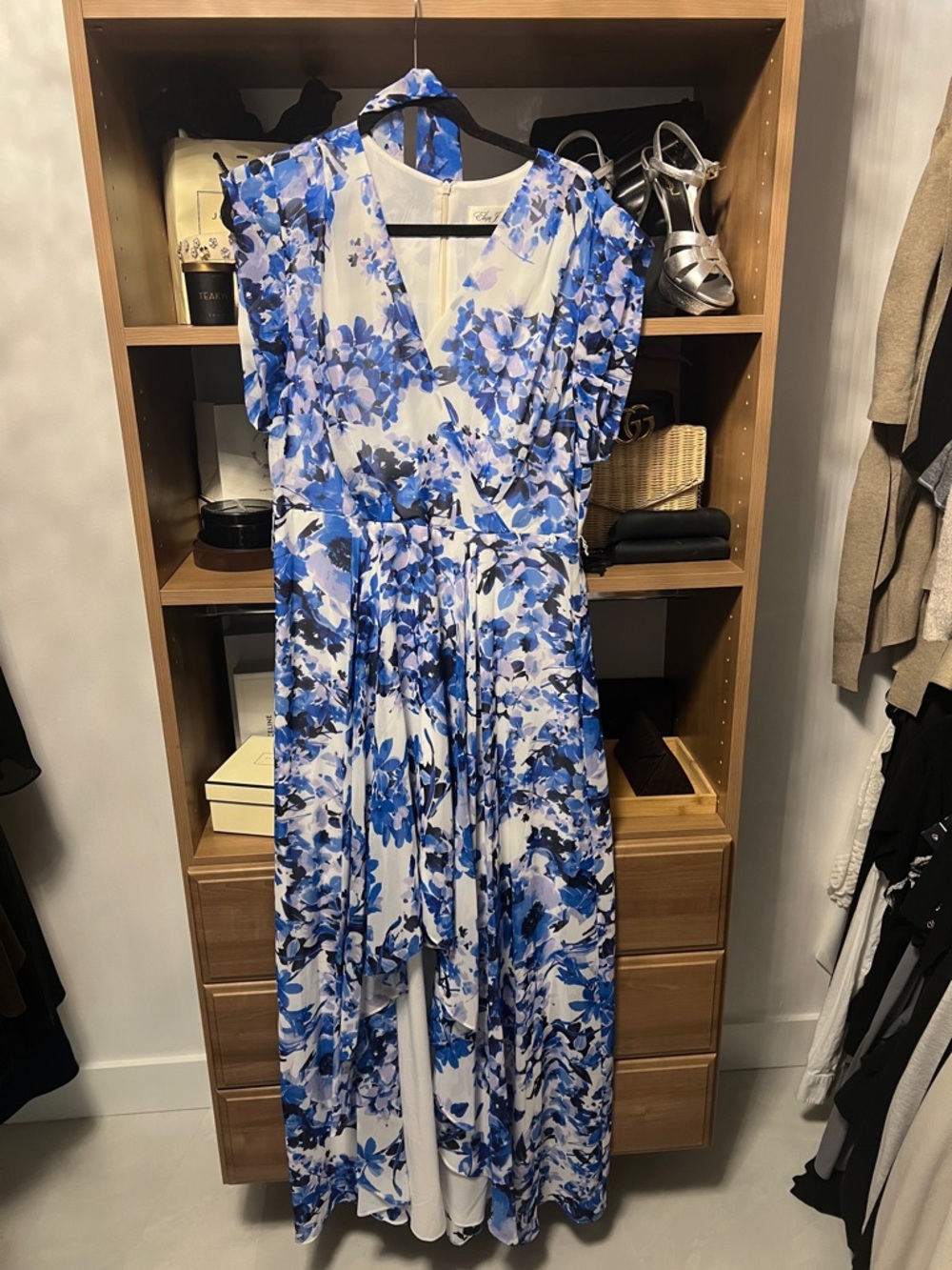 Eliza J Blue & White High-Low Floral Maxi Dress